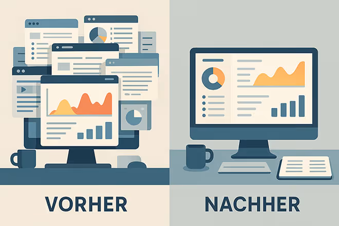 Vorher-Nachher-Darstellung: Links ein überladenes Desktop mit vielen Software-Fenstern, rechts ein aufgeräumtes Dashboard mit klarer Struktur.