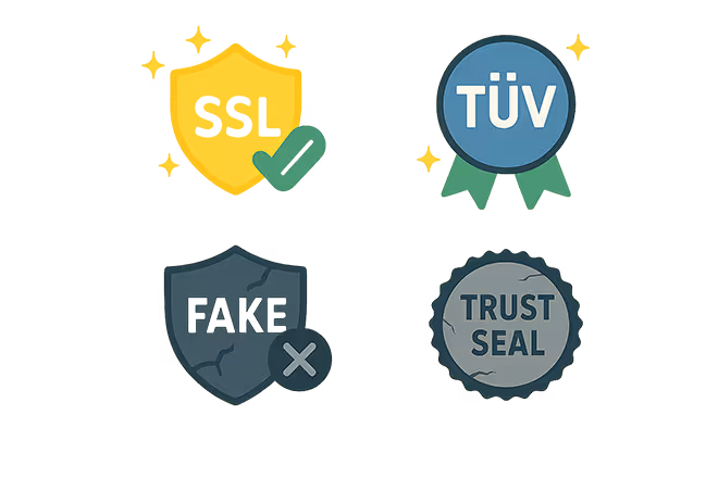 Minimalistische Darstellung von Trust-Siegeln: einige glaubwürdig leuchtend wie SSL oder TÜV, andere gebrochen oder unseriös wirkend.