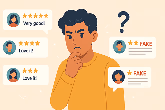 Illustration von Online-Bewertungen: echte Kundenkommentare neben auffälligen Fake-Reviews, während ein Kunde skeptisch auf den Bildschirm schaut.