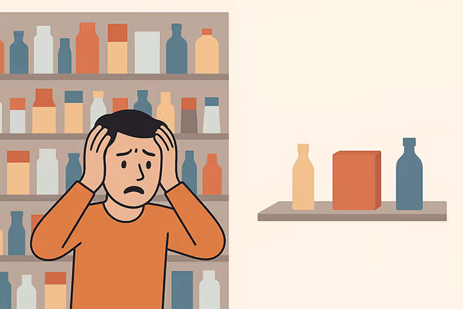 Illustration eines Kunden, der von zu vielen Produktoptionen überfordert ist, daneben eine klare Auswahl mit drei Paketen – Symbol für Entscheidungsparalyse und Vereinfachung.
