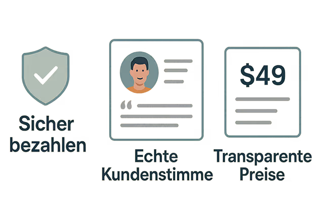Minimalistische Darstellung von vertrauensbildenden Website-Elementen wie SSL-Siegel, Kundenbewertung mit Foto und transparente Preisangabe.