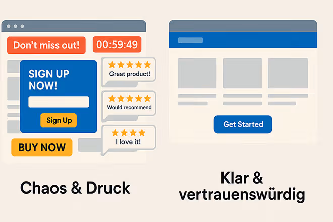 Vorher-Nachher-Illustration: links eine unübersichtliche Website mit Pop-ups und Chaos, rechts eine klare Seite mit einem starken Call-to-Action.