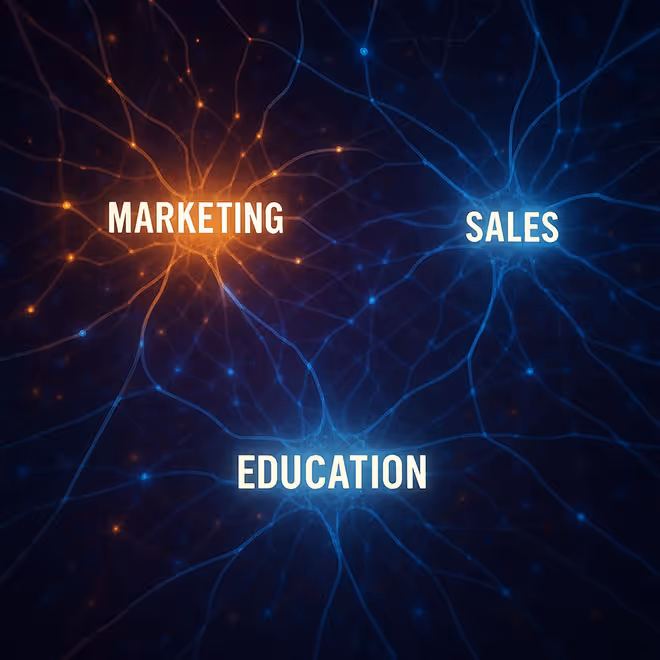 Abstraktes neuronales Netzwerk mit Knoten für Marketing, Sales und Education - Visualisierung der ChatGPT-Einsatzbereiche.