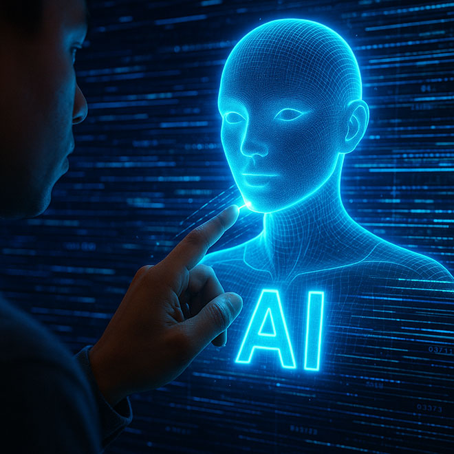 Person arbeitet mit holografischem KI-Assistenten, Datenströme zeigen Nutzung von ChatGPT im Alltag (ChatGPT Studie 2025).