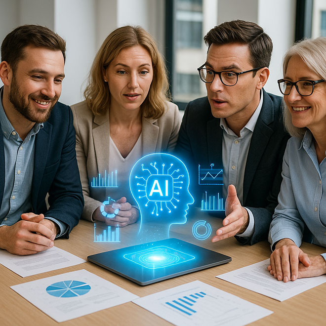 Marketer diskutieren in einem Team-Meeting, zentrales ChatGPT-Hologramm symbolisiert KI im Marketing 2025.