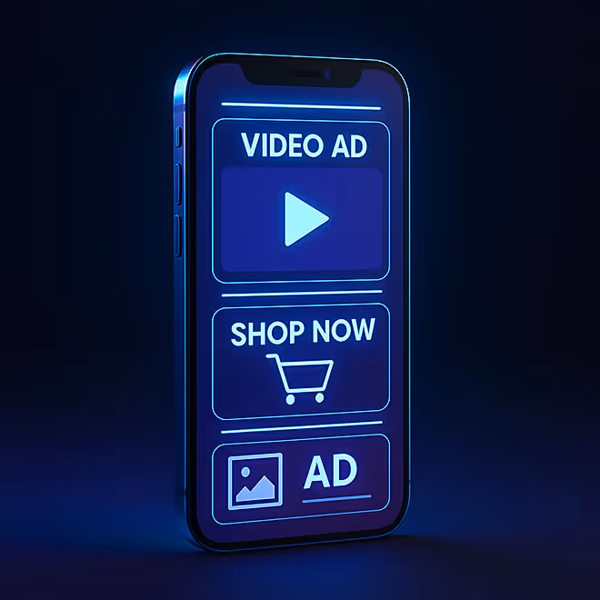 Smartphone mit mehreren leuchtenden Ad-Formaten wie Video-Ads und Shoppable Content in 3D-Darstellung.