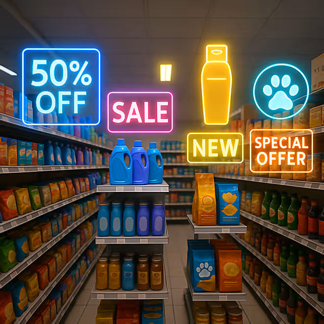 Supermarktgang mit Augmented-Reality-Werbung über den Produkten - Retail Media als digitales Overlay.