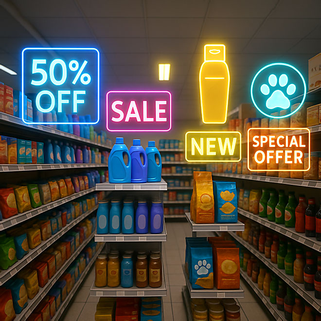 Supermarktgang mit Augmented-Reality-Werbung über den Produkten - Retail Media als digitales Overlay.