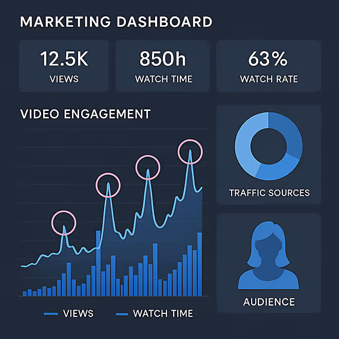 Marketing-Dashboard mit steigenden Video-Engagement-Kurven und detaillierten Analytics-Daten.