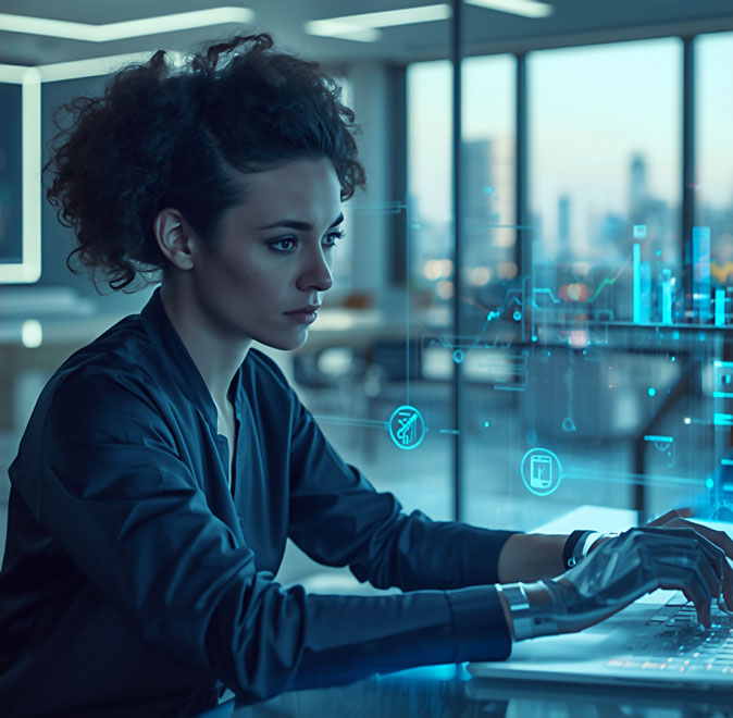 Marketer arbeitet mit holografischem KI-Assistenten, der Kampagnen-Assets generiert.