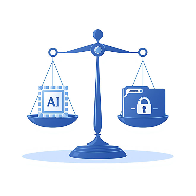 Waage mit Chip für Künstliche Intelligenz auf der einen Seite und Aktenordner mit Schloss für Datenschutz auf der anderen Seite.