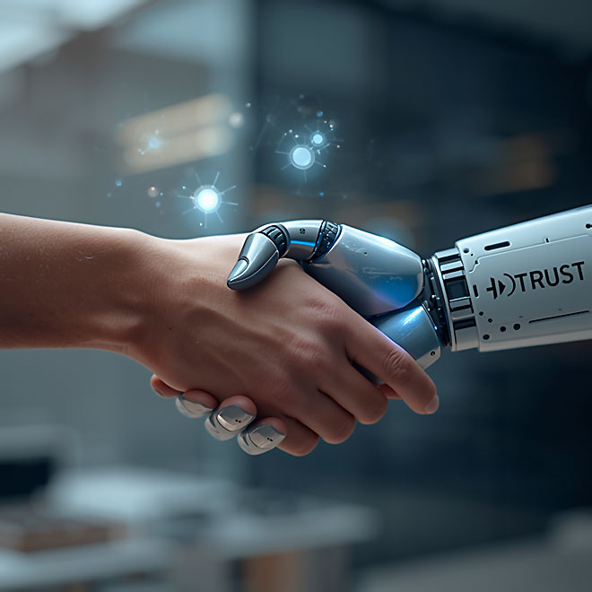 Menschliche Hand und Roboterhand geben sich die Hand - Vertrauensaufbau zwischen Marke und KI.
