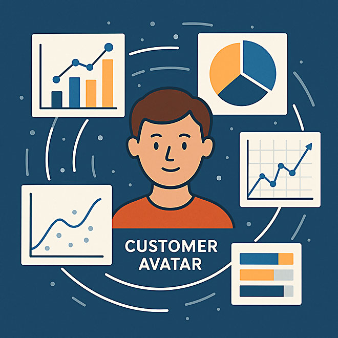 Kundenavatar mit schwebenden Diagrammen für Predictive Analytics - Darstellung datengetriebener Kundenvorhersage.