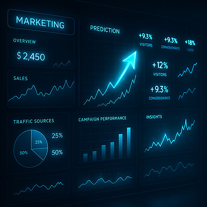 High-Tech Dashboard mit Prognosepfeilen und leuchtenden Insights - Symbol für datenbasierte Marketingentscheidungen.