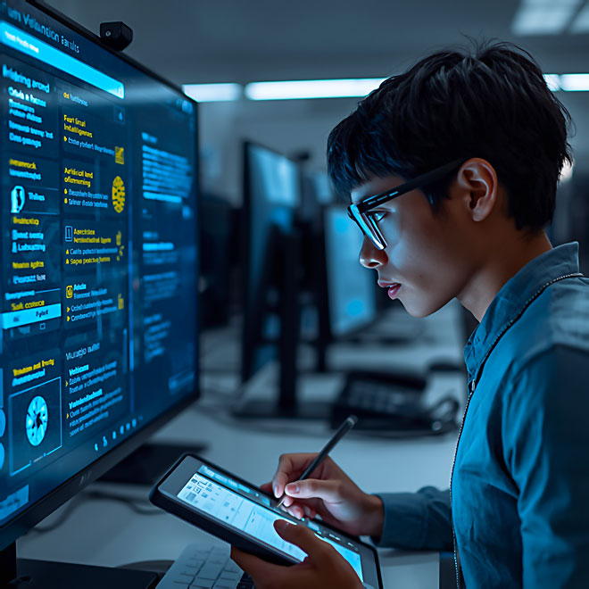 Junger Experte arbeitet an einem Bildschirm mit KI basierter Suchoberfläche und analysiert Daten auf einem Tablet.