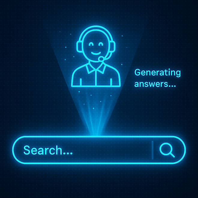 Futuristische Darstellung einer Suchleiste mit holografischem Avatar, der Antworten generiert - Symbol für KI in Suchmaschinen.