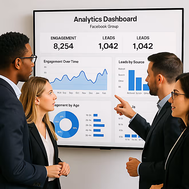 Marketing-Team analysiert Facebook-Gruppen-Daten im Analytics-Dashboard für Engagement und Leads.