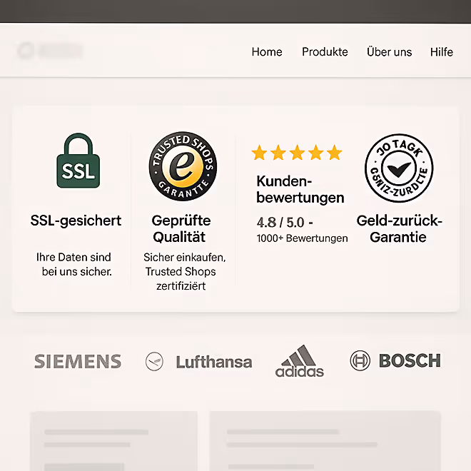 Webseite mit Trust-Signalen wie Sicherheits-Siegel, Sternebewertungen, Kundenlogos und Geld-zurück-Garantie.