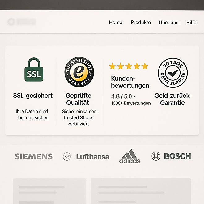 Webseite mit Trust-Signalen wie Sicherheits-Siegel, Sternebewertungen, Kundenlogos und Geld-zurück-Garantie.