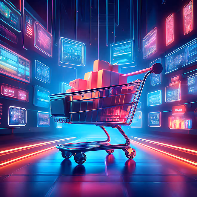 Schwebender digitaler Einkaufswagen in einem Video-Screen - Symbol für Shoppable-Videos und interaktives E-Commerce-Marketing.