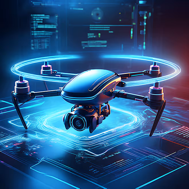 KI-Kamera-Drohne erstellt in Echtzeit Videoinhalte – Visualisierung von AI-Video-Creation und automatisierter Content-Produktion.