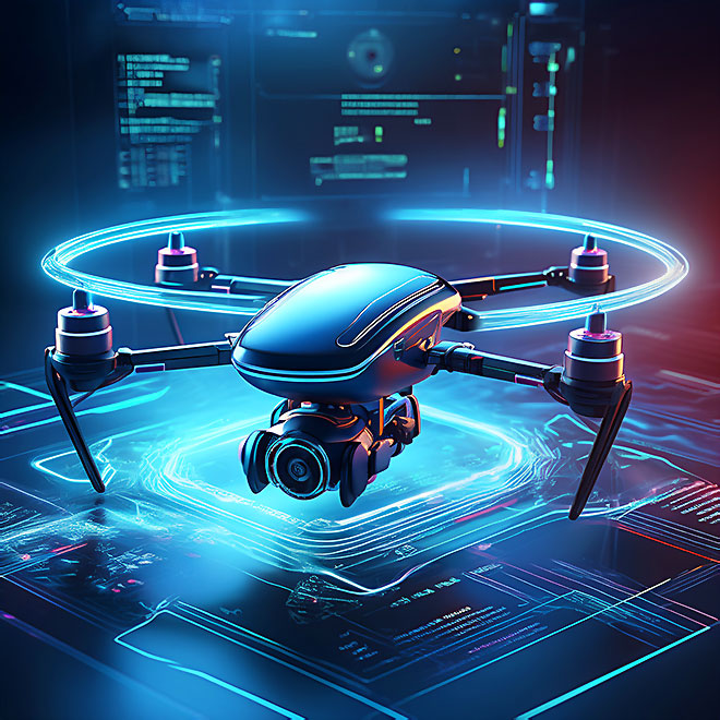 KI-Kamera-Drohne erstellt in Echtzeit Videoinhalte – Visualisierung von AI-Video-Creation und automatisierter Content-Produktion.