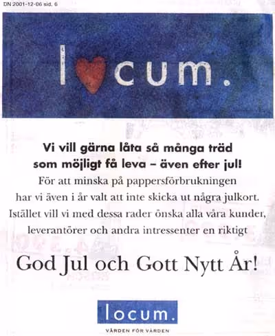Schwedische Weihnachtsanzeige von Locum mit Herz statt ‚o‘ im Wort ‚l♥cum‘ - missverständliches Logo-Design.