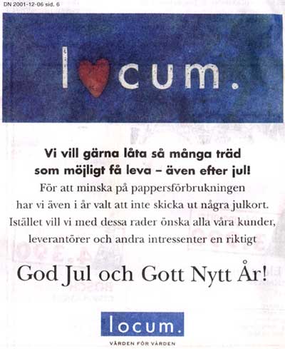 Schwedische Weihnachtsanzeige von Locum mit Herz statt ‚o‘ im Wort ‚l♥cum‘ - missverständliches Logo-Design.
