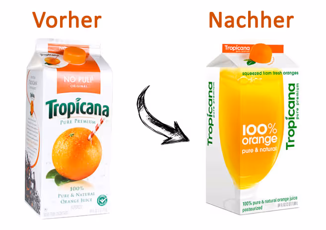 Vergleich alte und neue Tropicana-Verpackung 2009 - klassische Orange mit Strohhalm versus neutrale weiße Saftpackung.