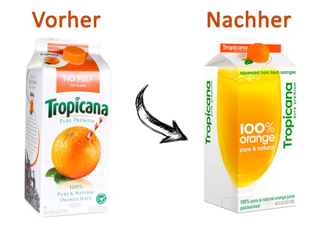 Vergleich alte und neue Tropicana-Verpackung 2009 - klassische Orange mit Strohhalm versus neutrale weiße Saftpackung.