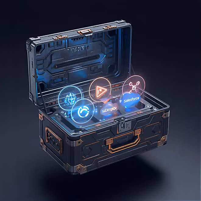 Visualisierte Tool-Box mit KI-basierten Marketing-Tools wie Klaviyo, Salesforce und ActiveCampaign.