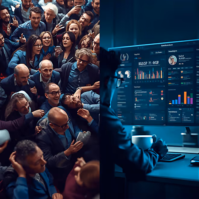Bildvergleich zwischen manueller Marketingarbeit und automatisierter Predictive-Kampagnensteuerung.