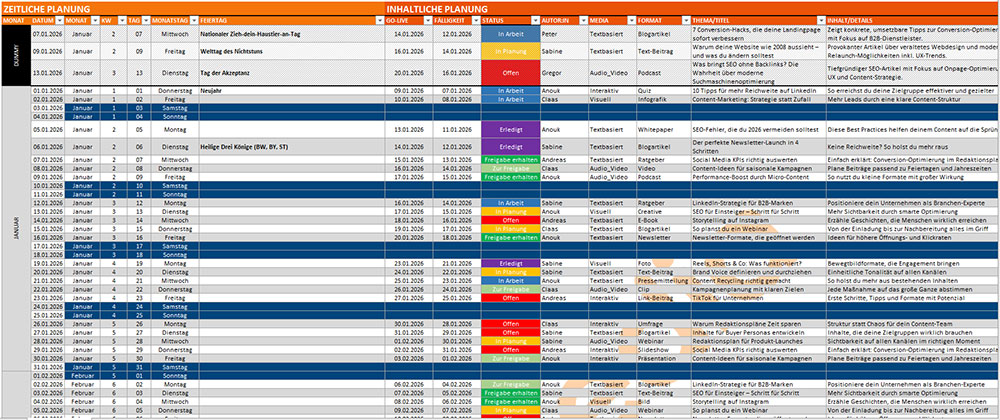 Screenshot 1: Monatsübersicht (Kalenderansicht) in der Redaktionsplan 2026 Excel-Vorlage