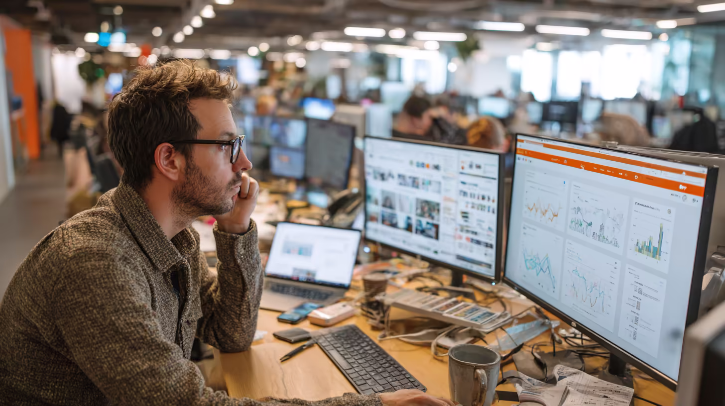 Marketing-Experte analysiert Website- und Landingpage-Daten zur Optimierung von Kampagnen und Conversion-Rate.