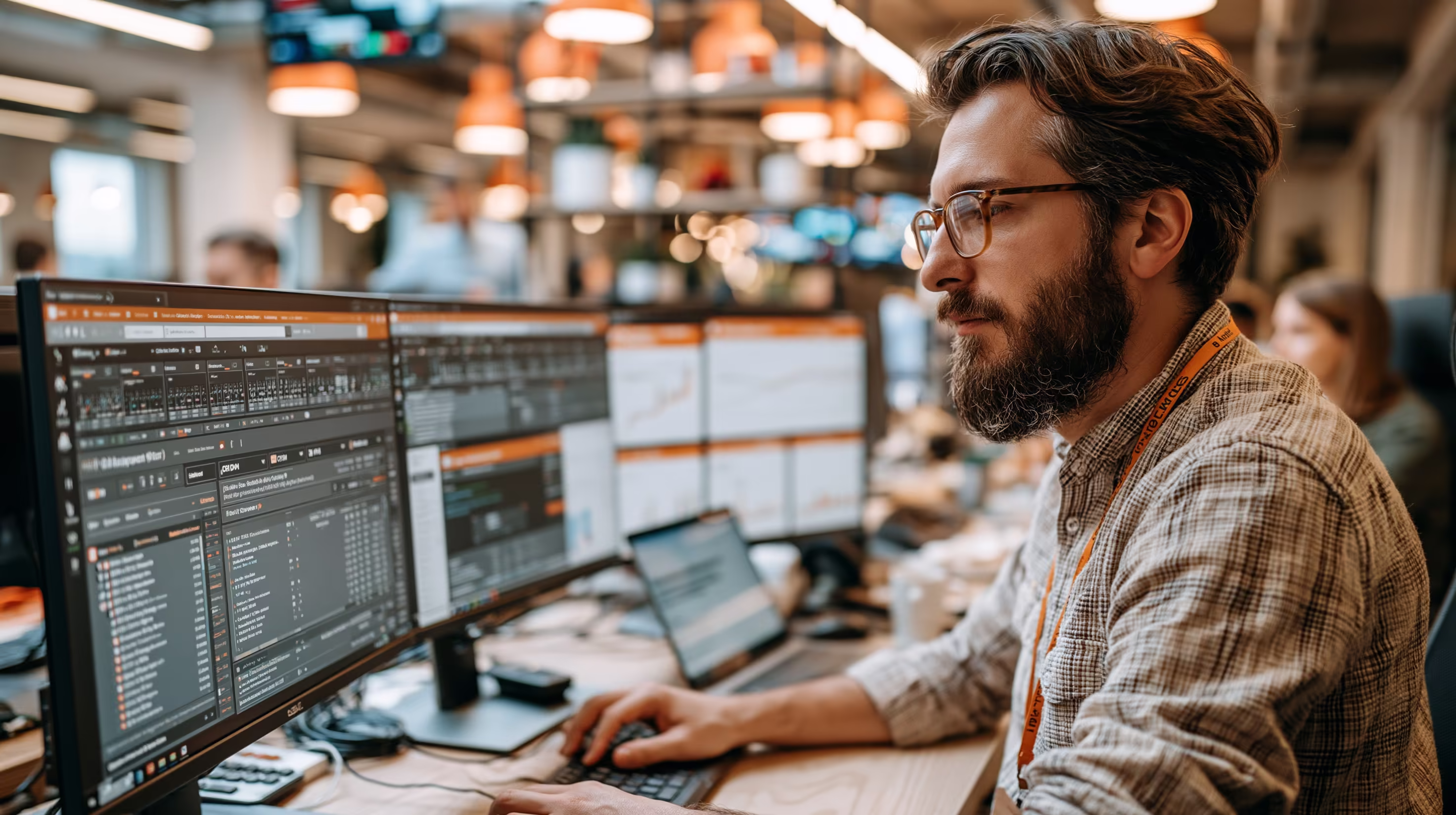 Marketing-Experte analysiert Landingpage-Daten und Conversion-Kennzahlen an mehreren Bildschirmen.