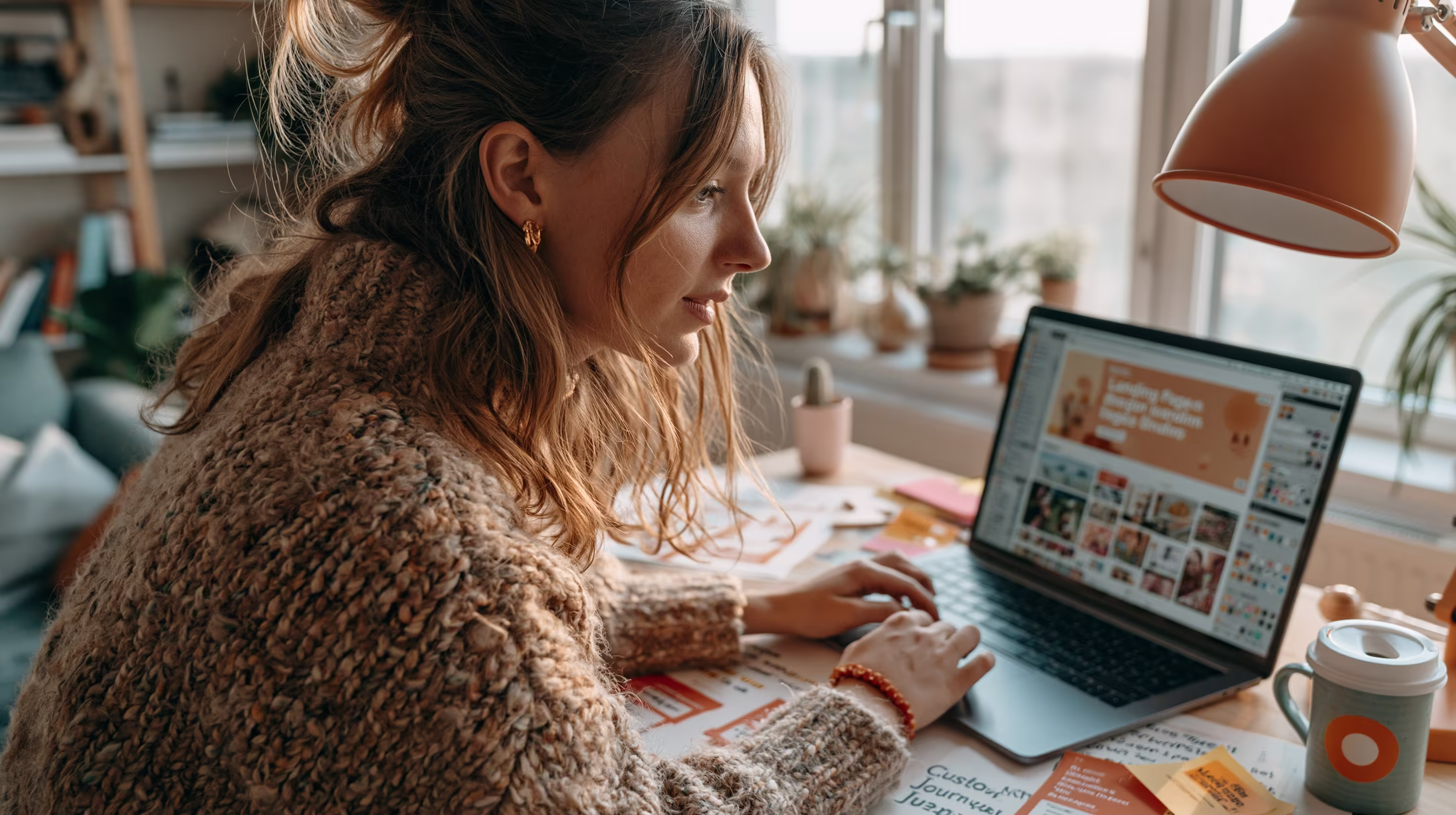 Designer erstellt eine conversionstarke Landingpage in Figma auf einem Laptop