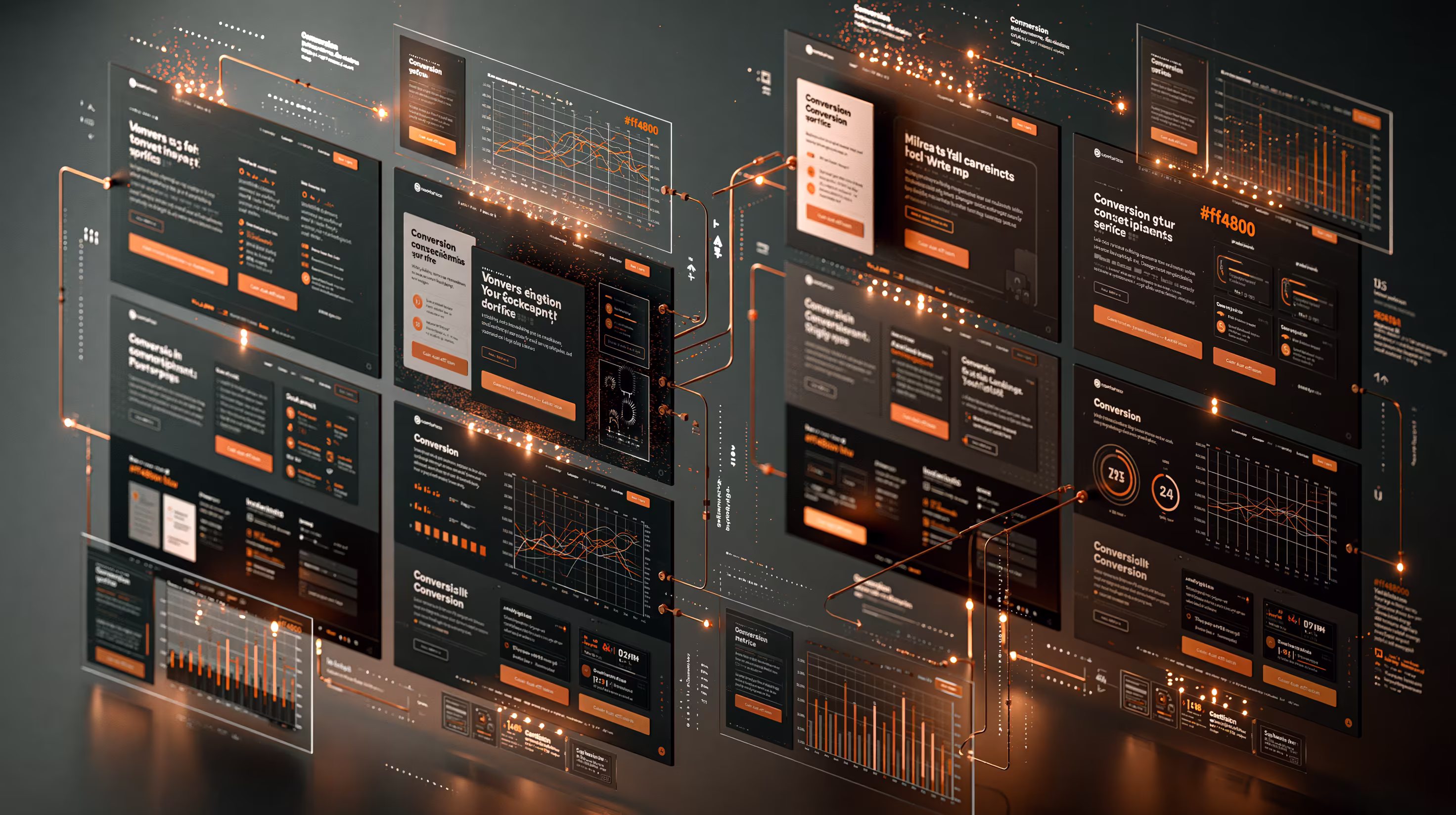 Visualisierung mehrerer Landingpages mit optimierten Call-to-Action-Buttons, Conversion-Daten und A/B-Testing.