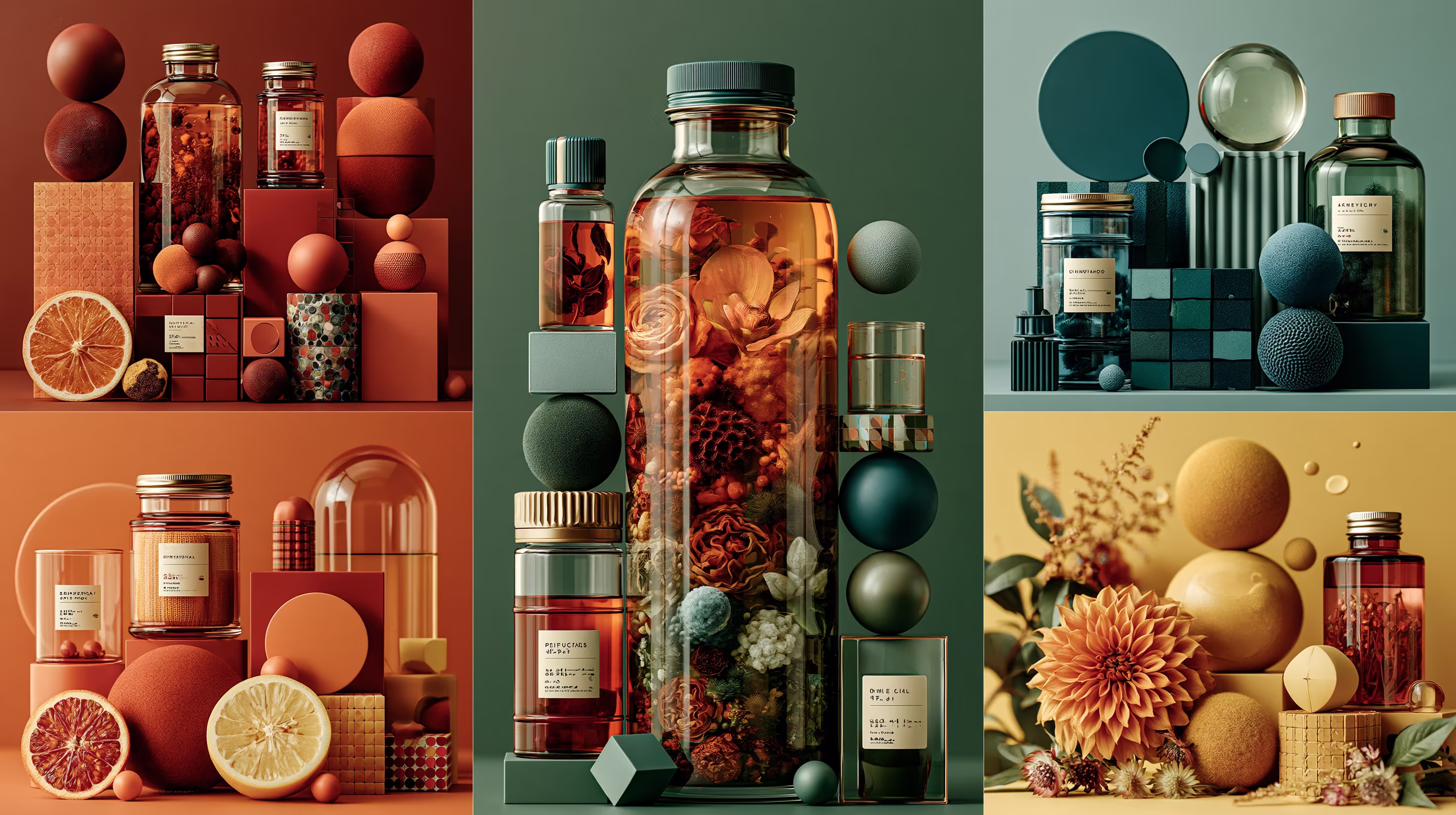 Farbwelten mit geometrischen Formen, Pflanzen und Produktobjekten in Orange, Grün, Blau und Gelb