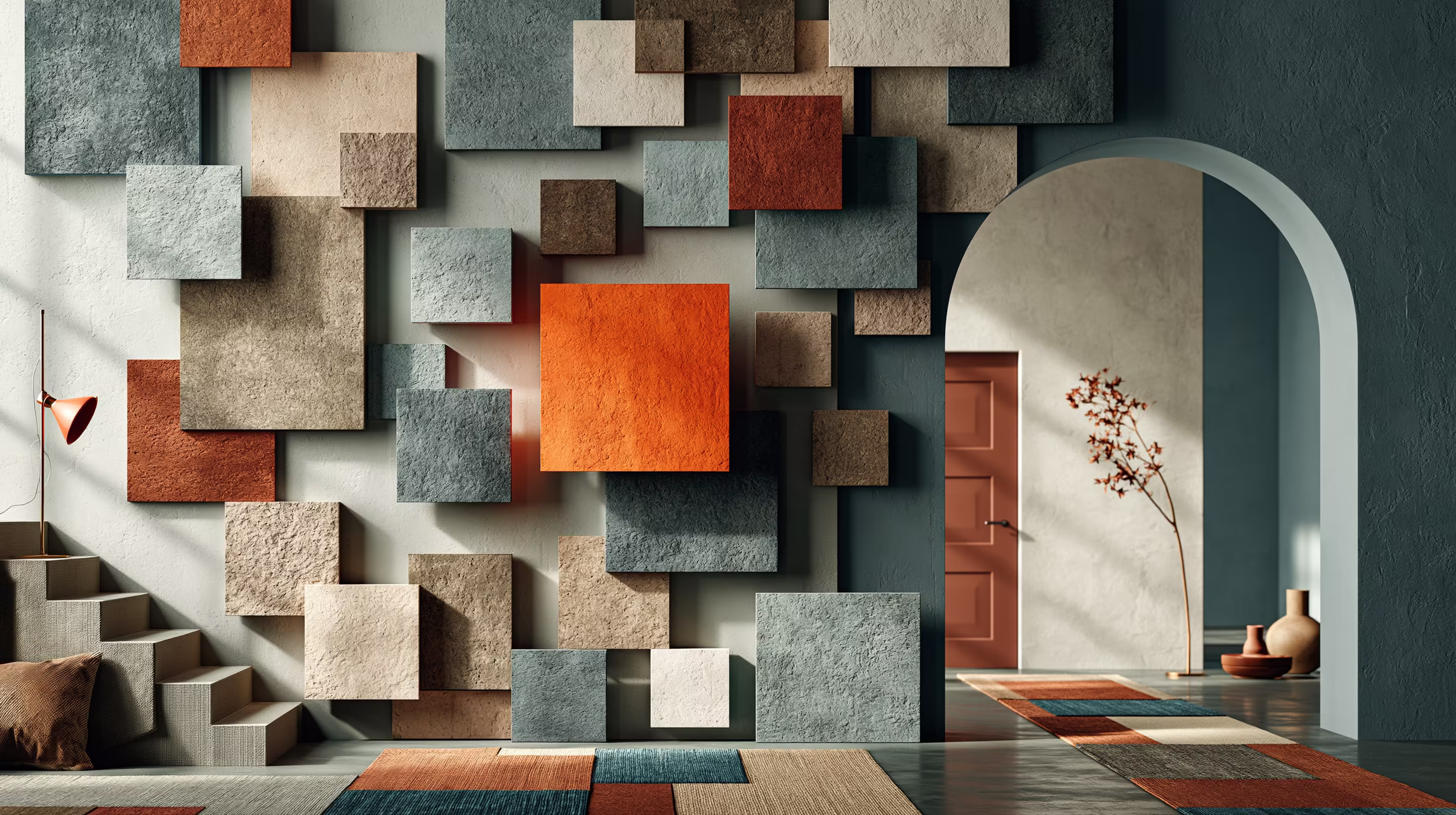 Abstrakte Wandgestaltung mit farbigen Flächen, geometrischen Formen und markantem orangefarbenem Akzent