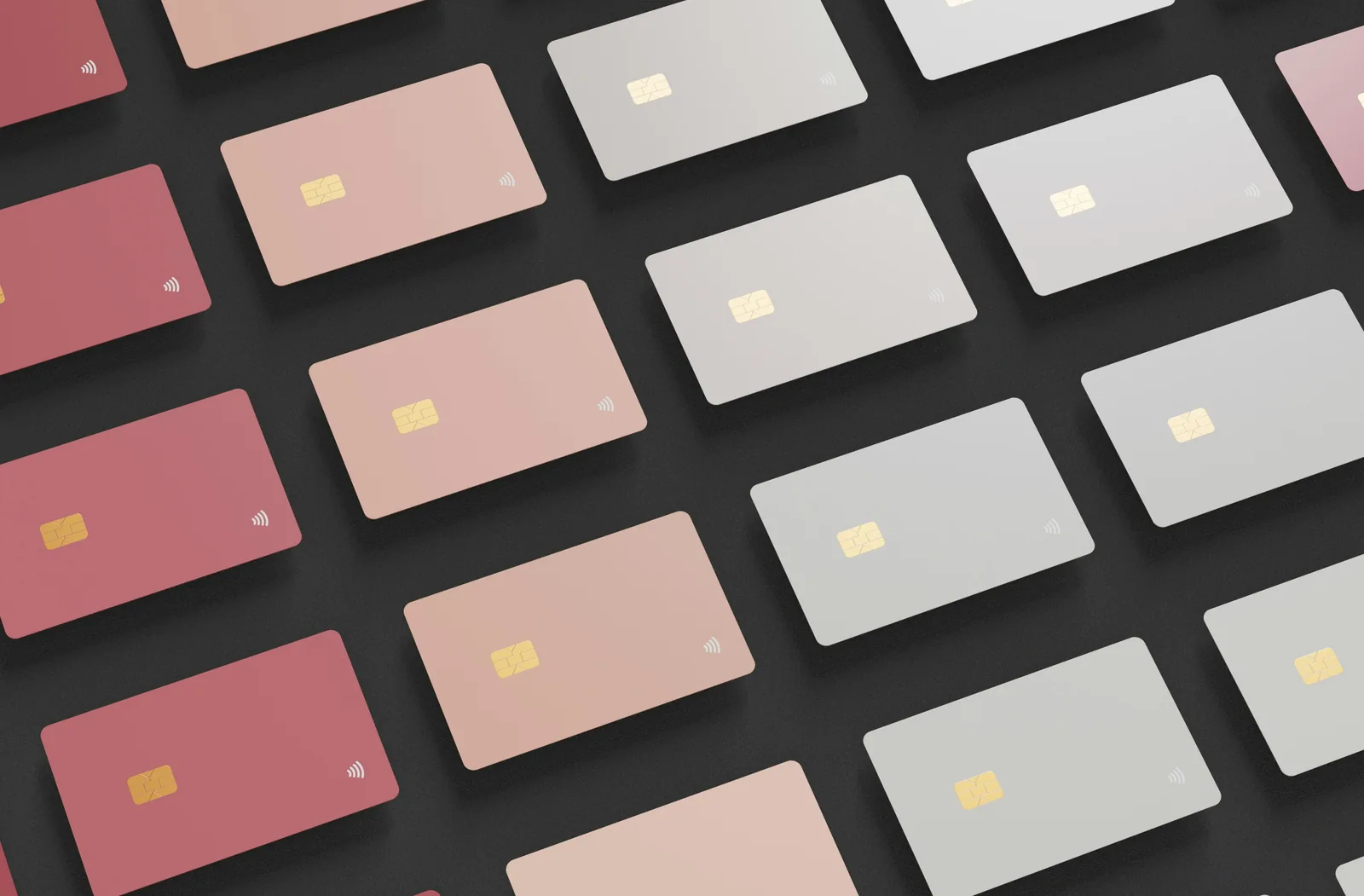 Unbranded rose and light-coloured cards arranged in rows on a dark background