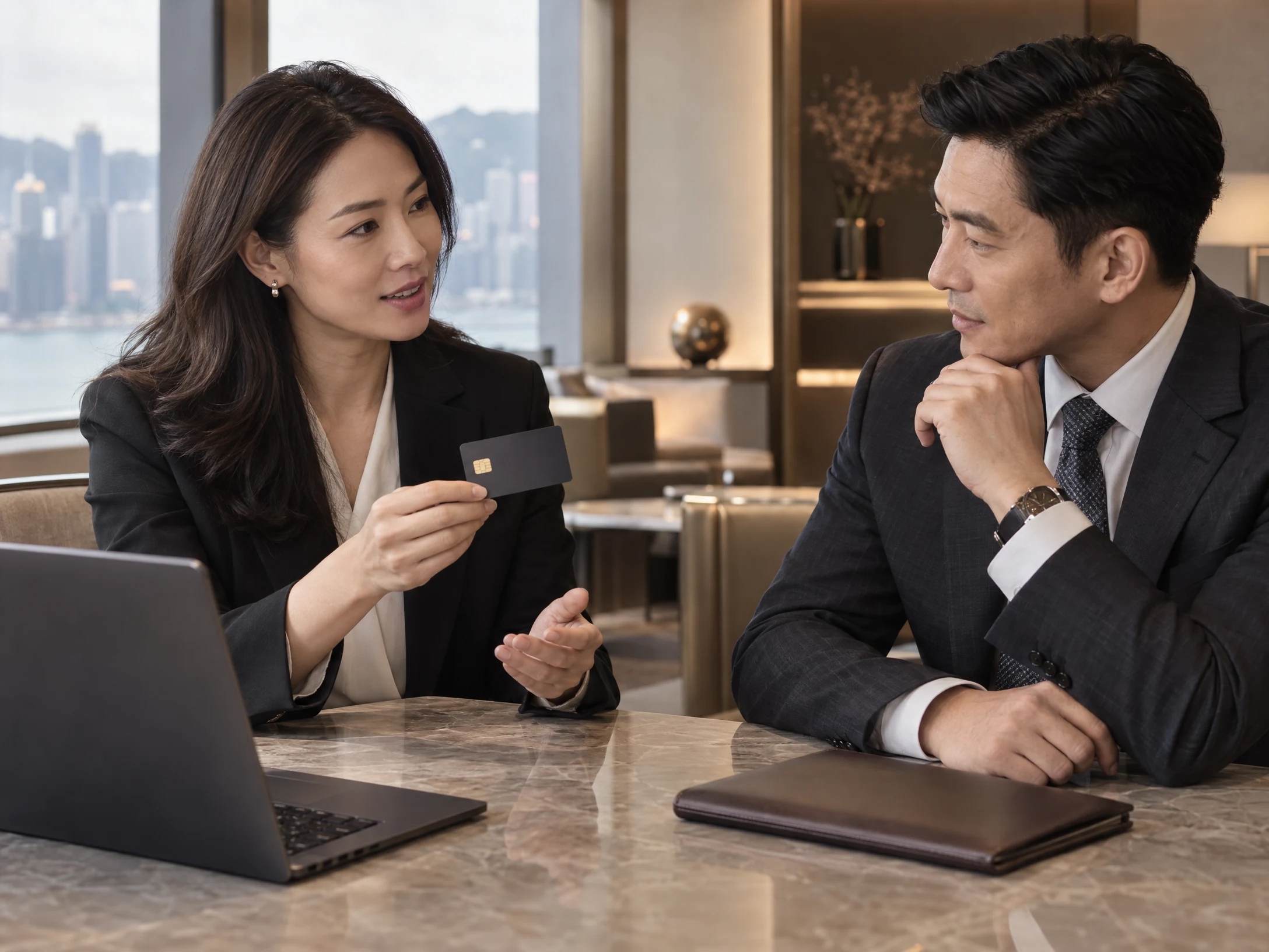 Illustrative B2B partnership discussion with an unbranded card in a premium business lounge; not actual UTGL staff or clients