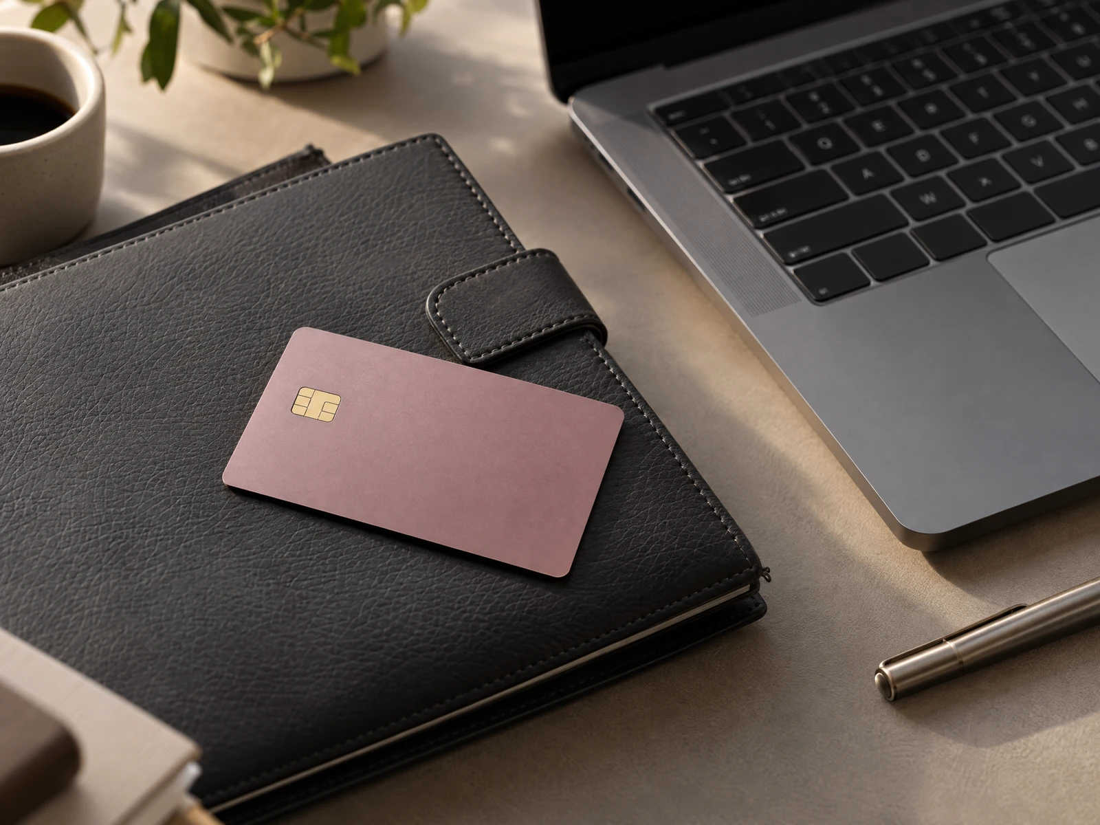 Illustrative card-business workspace with an unbranded rose card, leather organiser and laptop