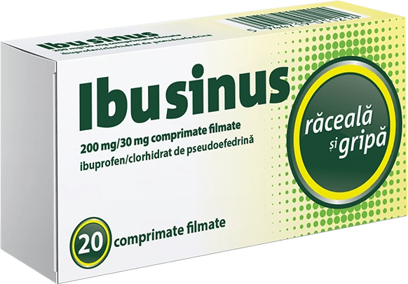 Cutia medicamentului Ibusinus 200mg/30mg cu ibuprofen și clorhidrat de pseudoefedrină, 20 comprimate filmate pentru răceală și gripă