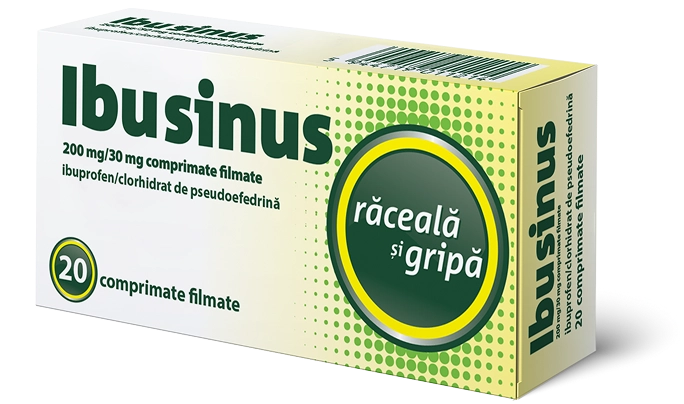 Cutia Ibusinus văzută din față - medicament pentru răceală și gripă, 20 comprimate filmate