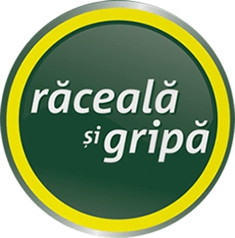 Simbol circular verde cu marginea galbenă conținând textul "răceală și gripă"
