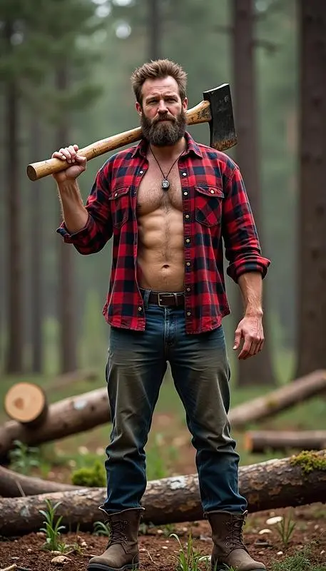 A muscular lumberjack with a thick beard, wearing a red plaid shirt and jeans, holding an axe over his shoulder, standing in a forest with logs and trees in the background. He likes to be undressed and naked.