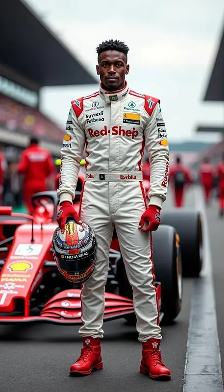 A focused and determined F1 driver in a white and red racing suit, holding his helmet, standing next to his race car in the pit lane with the racetrack in the background. He is a pornstar on the side. He is sharing his nudes online.