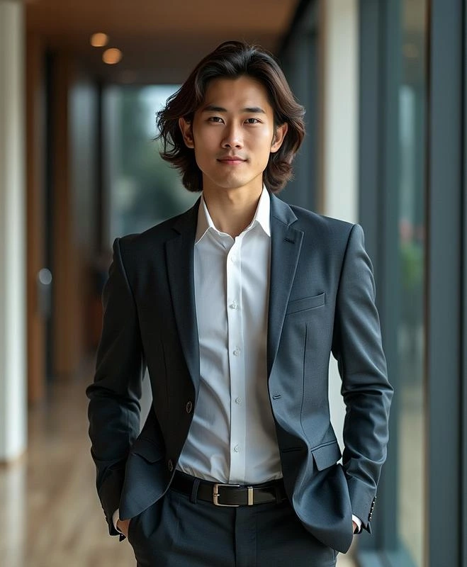 A young, professional corporate lawyer wearing a tailored dark suit, standing in a modern office hallway with hands in pockets, looking composed and approachable. And he is erotic and likes sometimes to share his nudes online.