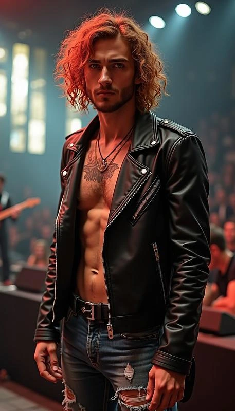 A shirtless male rockstar with curly blonde hair, wearing a black leather jacket and ripped jeans, standing on stage with a dramatic expression as lights shine around him and a crowd in the background.
