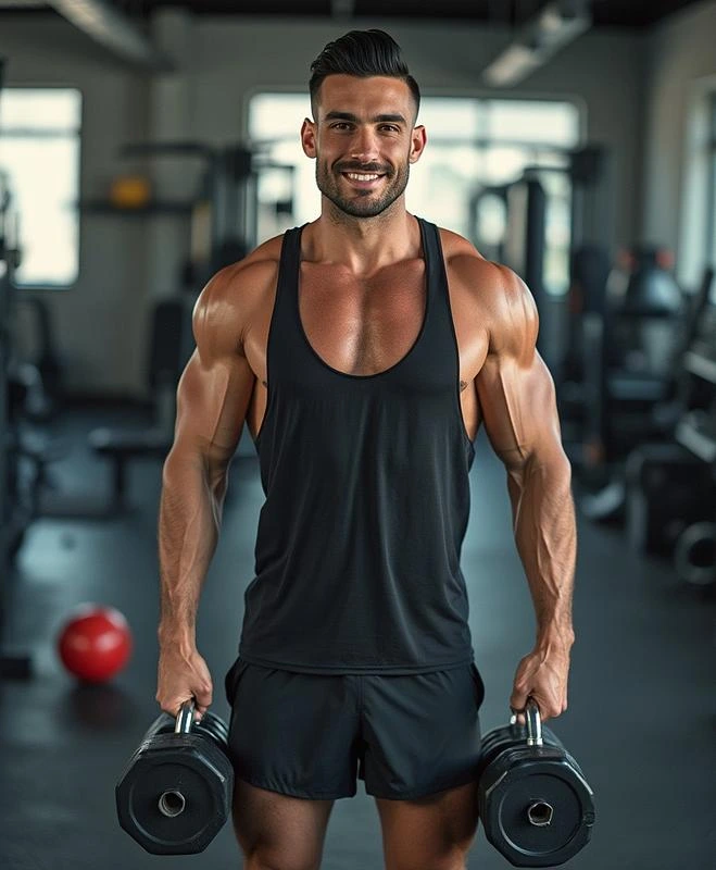 A photo of a muscular gym coach wearing a black tank top and shorts, standing confidently in a modern gym while holding two heavy dumbbells, smiling with determination.